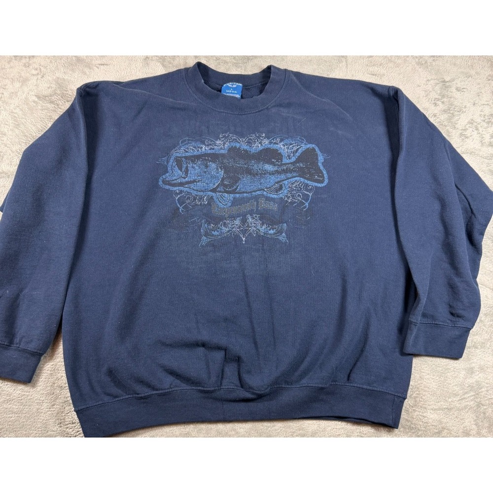 Vtg Puritan Largemouth Bass Fishing Sweatshirt Navy Blue Size L 90s Outdoor